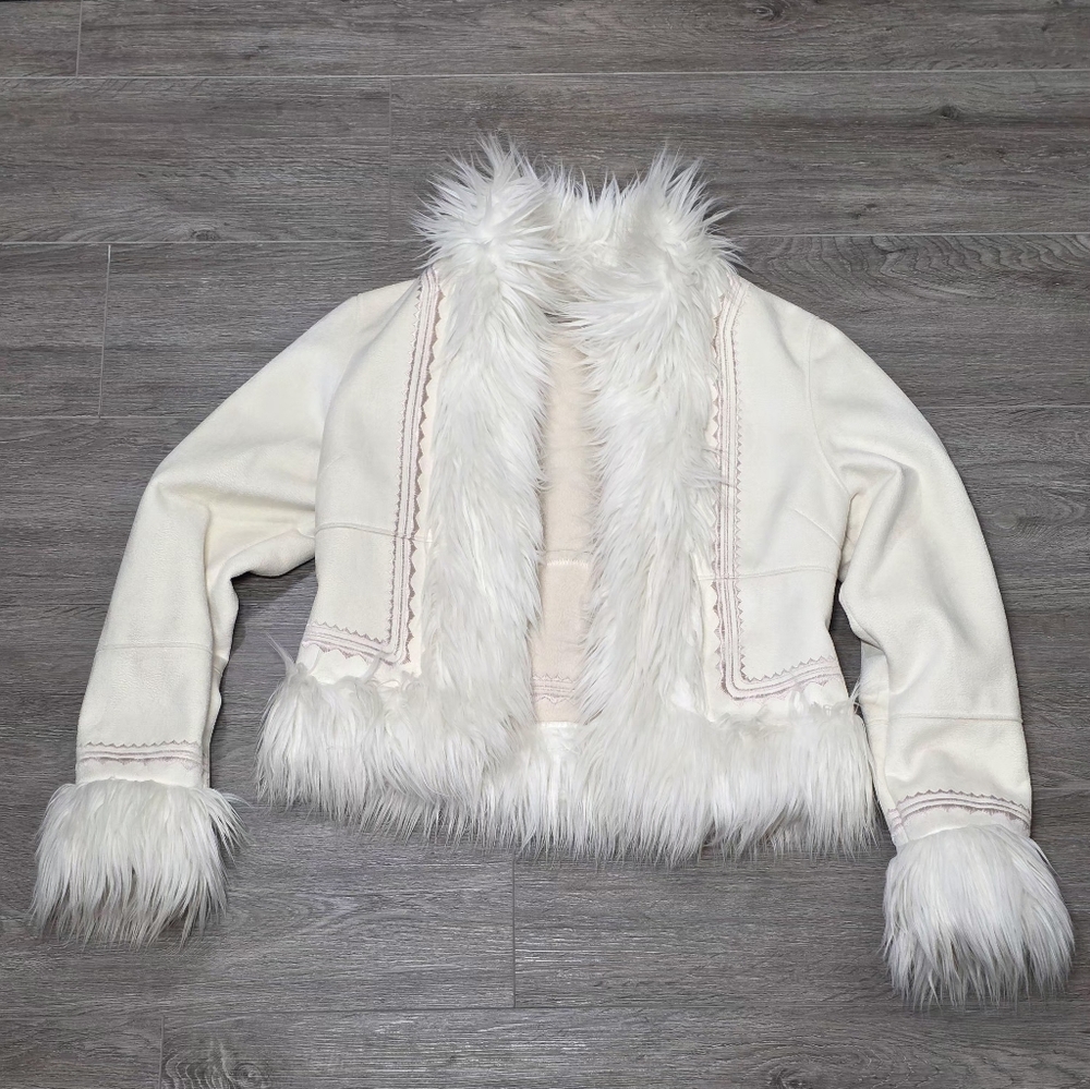 Bebe Faux Fur Trim Faux Suede Jacket Sz M Very Penny Lane Y2K Style Cream